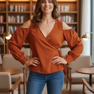 SHEIN Rust Cold Shoulder Wrap Blouse